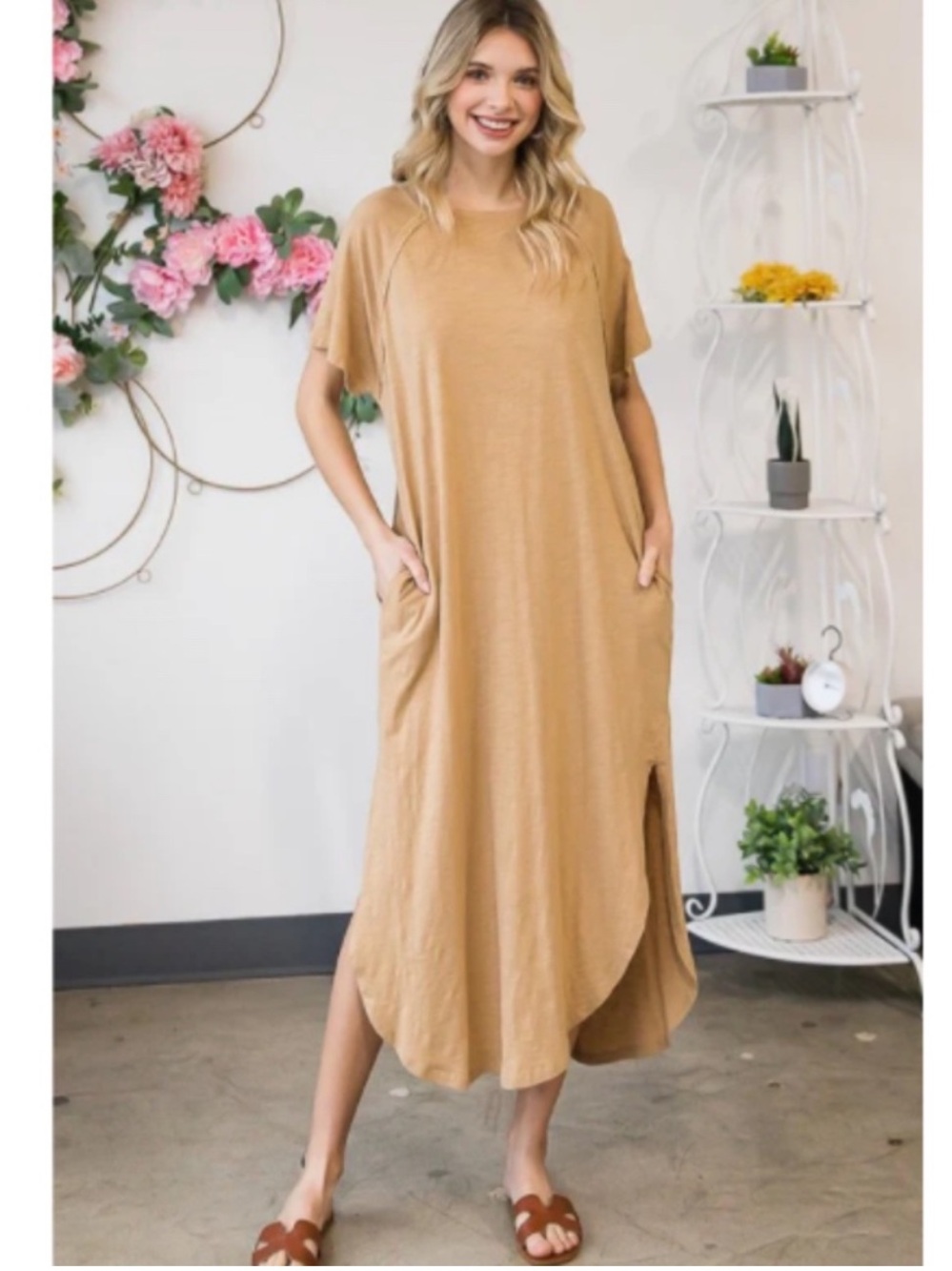 Oli & Hali Tan Cotton Side Pockets Short Sleeve Lightweight Maxi Dress• Medium